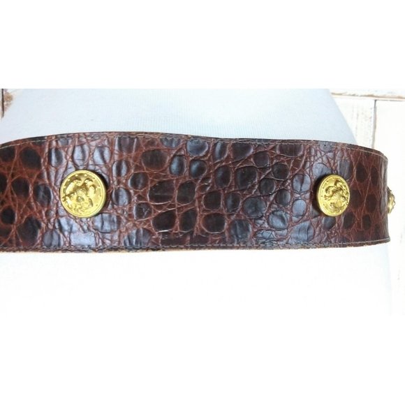 Vintage Jill Stuart wide brown leather gold medallion reptile croc embossed belt - Picture 3 of 6